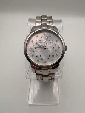 Nanette Lepore Silver Stainless Steel Watch Mother-of-Pearl Dial Rhinestones